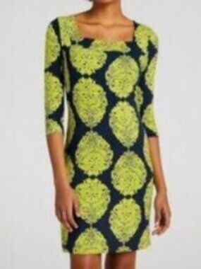 Lilly Pulitzer Newport Dress, 100% Silk, Navy/Lime Green Medallion - Womens 12